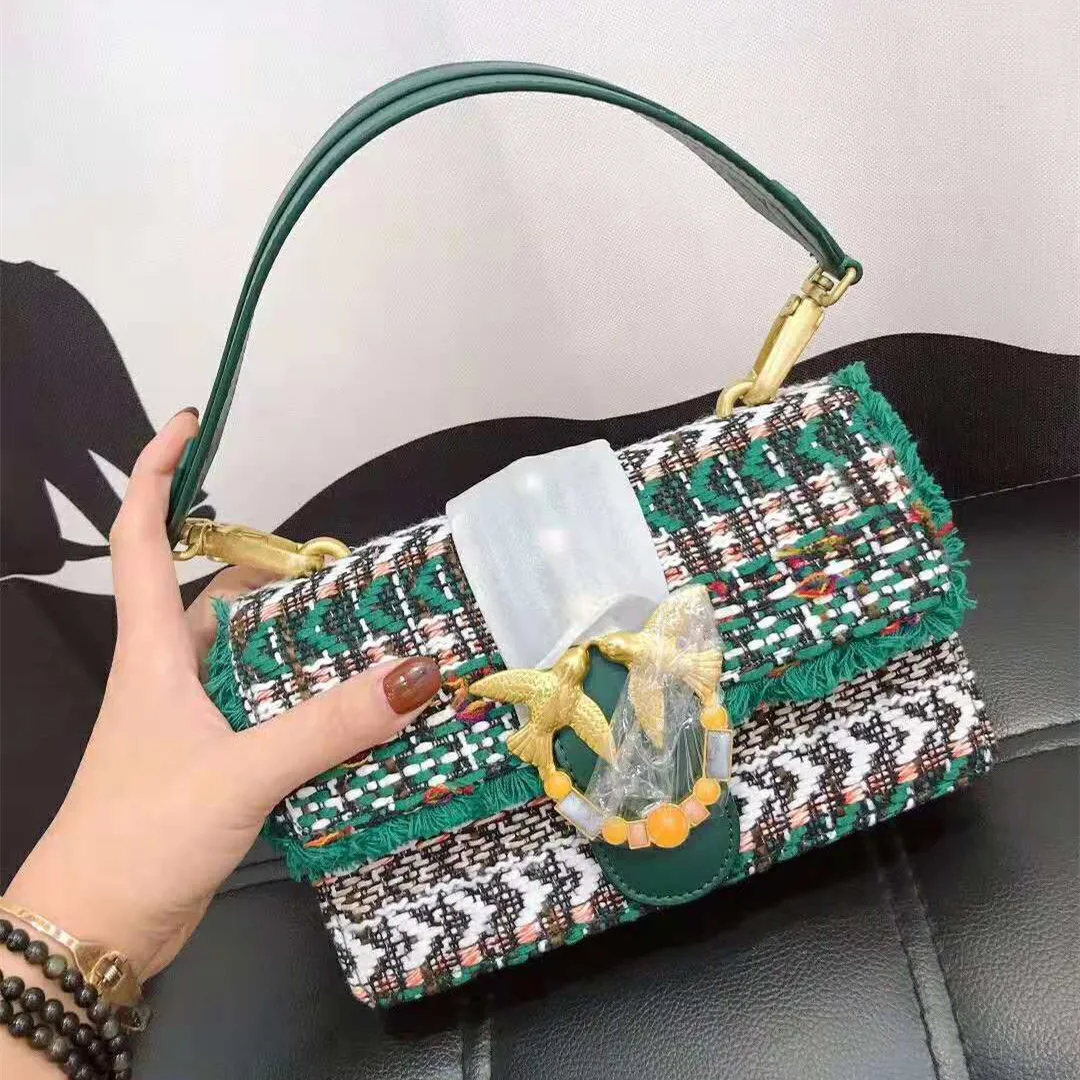 

HOT Original Order Quality Genuine Leather Chain Crossbody Bags Women Colorful Gem Rivet Design Wool Woven Swallow Shoulder Bags