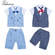 Новинка года, фирменные летние деловые комплекты одежды для маленьких мальчиков 2 предмета, клетчатые футболки с короткими рукавами и бантом Топы+ рубашки, подходят для От 0 до 4 лет