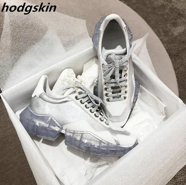 

2019 Sliver Leather Clear Thick Platform Women Sneakers Lace Up Female Casual Flats Tenis Feminino Shoes Woman Zapatillas