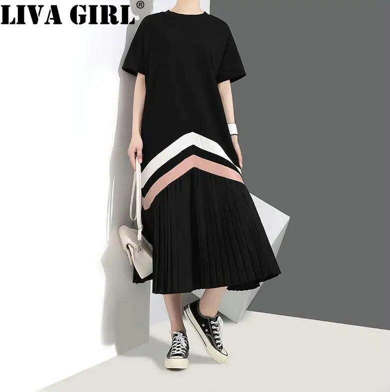 

LIVA GIRL New Autumn Summer Round Neck Short Sleeve Black Loose Big Size Striped Split Joint Dress Women Fashion Tide