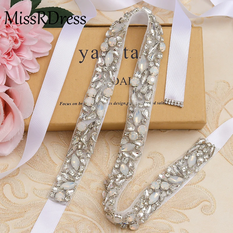 

Wedding Belts Silver Crystal Handmade Opal Bridal Belt Rhinestones Bridal Sash For Wedding Prom Gown JK920