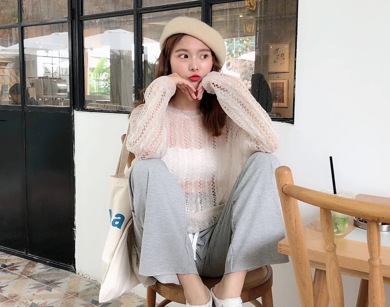 Женский весенний свитер с круглым вырезом, Прозрачный женский модный пуловер, корейский стиль, женский сексуальный джемпер
