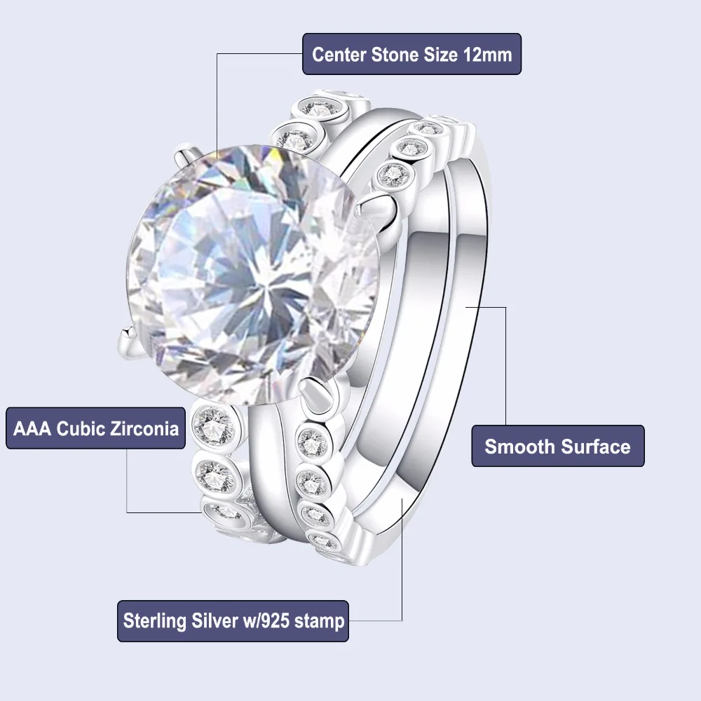 Newshe 3 шт. набор обручальных колец 5 карат большой круглый вырез AAA класс CZ стерлингового серебра 925 обручальные кольца для женщин JR4697