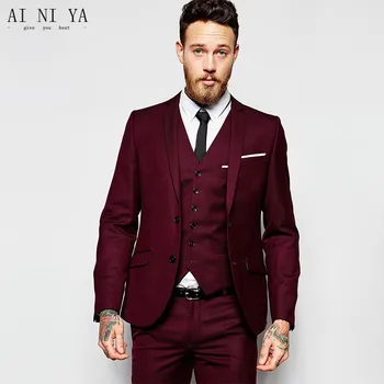 

New Design Men Wedding Suits Groom Formal Suit Two Buttons Burgundy Tuxedo Jacket Men Suit 3 Pieces Costume Homme