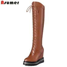 ASUMER/Новинка года; сапоги до колена; женские зимние сапоги на платформе и высоком каблуке; женская обувь на шнуровке; сапоги из искусственной и натуральной кожи