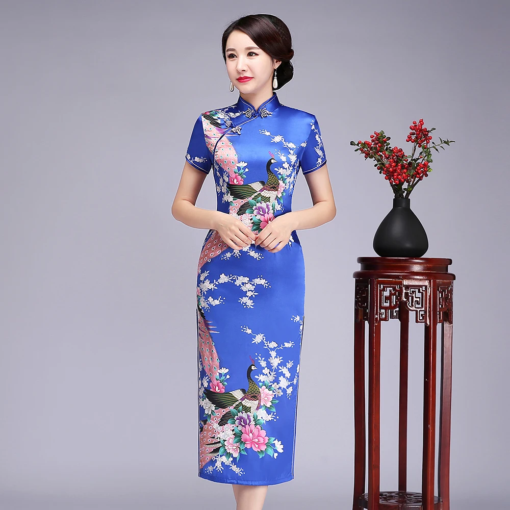 

BLUE Traditional Women Print Long Cheongsam Summer Female Slim Qipao Sexy Lady High Split Chinese Dress Short Sleeve Vestidos