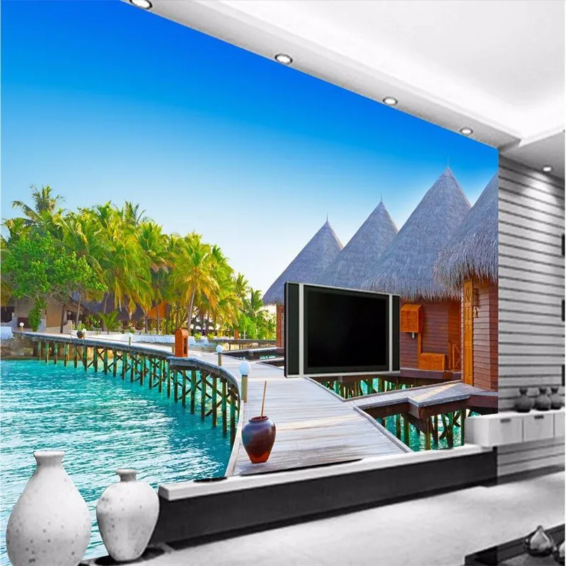 wall-paper-3d-mural-decor-photo-backdrop-photography-3D-stereo-Wooden-beach-huts-living-room-hotel (1)