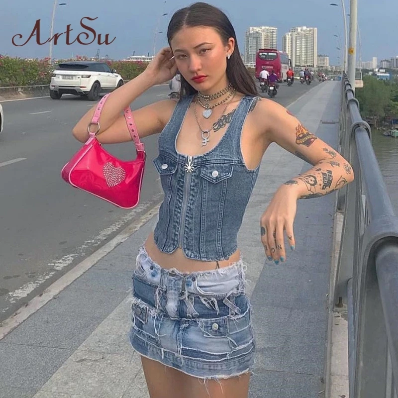 ArtSu Womens Tank Top Sleeveless Denim Sexy Blue Crop Top Femme Square Neck Fashion Streetwear Summer Tops Casual ASVE20681