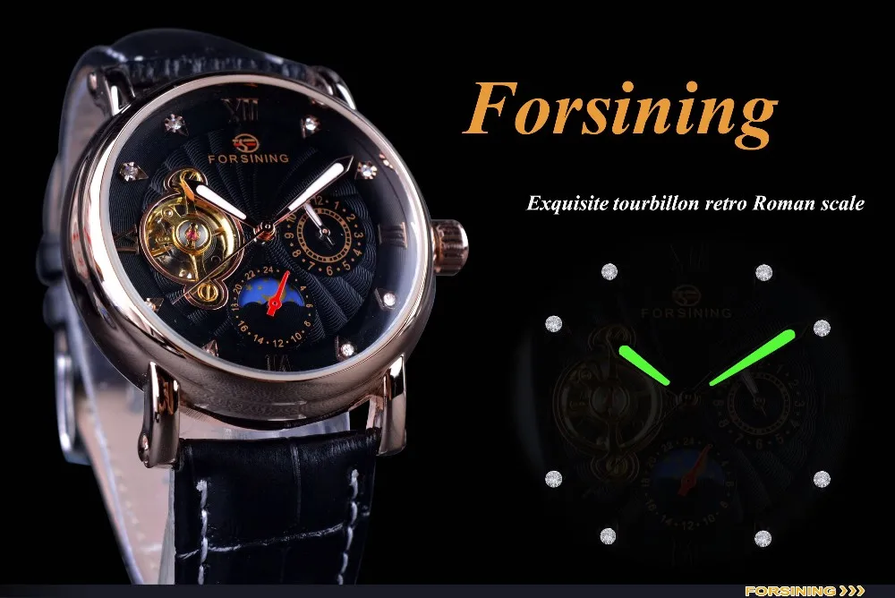 Forsining Rose Golden Tourbillion With Diamond Display