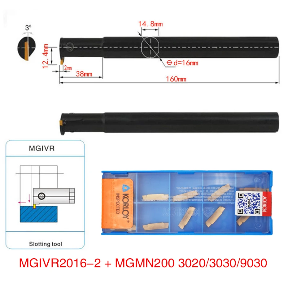 

1pc MGIVR2016-2 Turning Tool Holder Boring Bar with 10pcs MGMN200-G Inserts and Wrench For Parting and Grooving Lathe Right hand