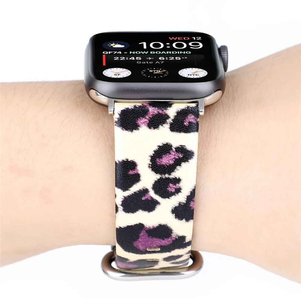 Леопардовый кожаный ремешок для Apple Watch 6 Band 44 мм 42 40 38 мужской/женский модный