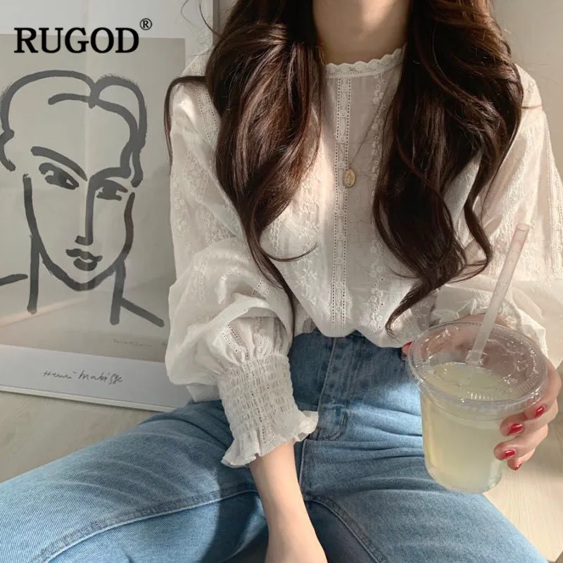 RUGOD korean elegant floral print women blouse Vintage lantern sleeves lace white sweet ladies shir