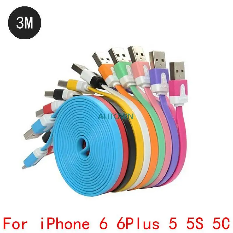 500Pcs/Lot 3M Flat Noodle Colorful Sync Data Charge USB Data Cable For iPhone 6 6Plus 6S 5 5S iPad Mini iOS 9.2