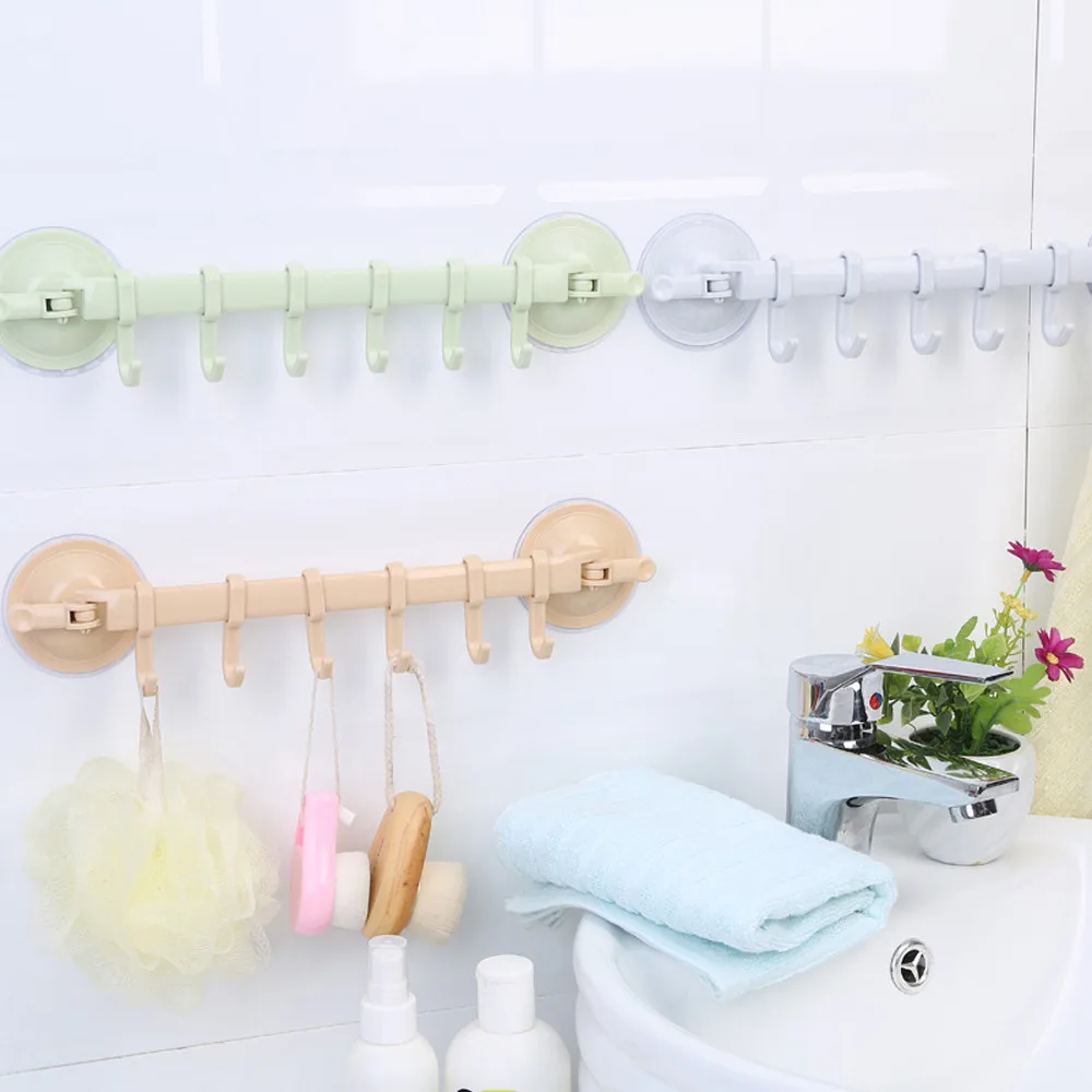

Bathroom Kitchen Accessories Storage Holders Racks Strong Suction Cup Wall 6 Hanging Hooks Towel Holder Hanger A03#25