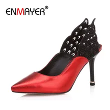 ENMAYER New Fashion Wings High Heels Pointed Toe Sexy Red Wedding Pumps Shoes Woman Genuine Leather Spring&Autumn Women’s Pumps
