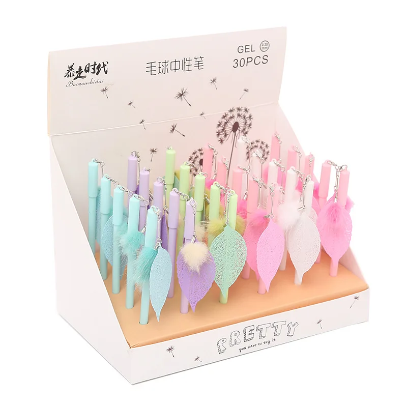 

30 pcs/lot Plush Leaf Pendant Gel Pen Coforful 0.5mm black ink Neutral pens Promotional Gift Stationery School writing Supplies