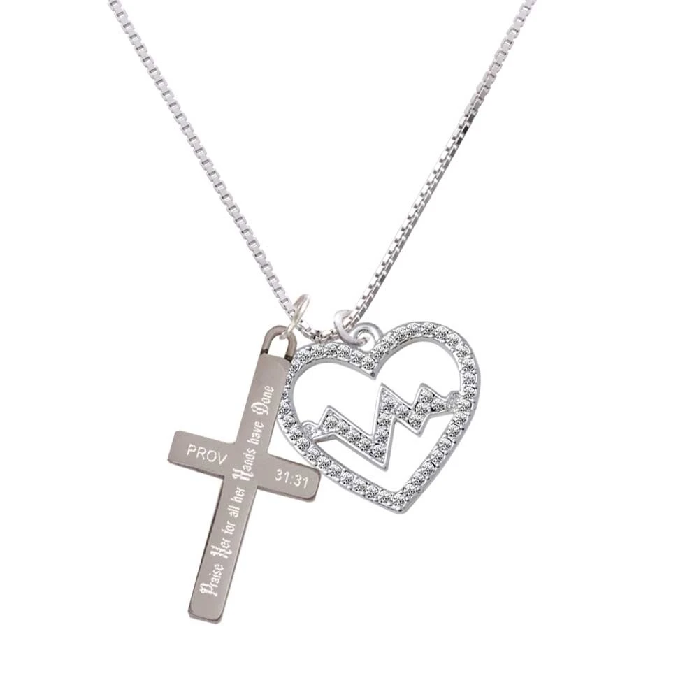 Large Clear Crystal Heart with Heartbeat - Praise Her - Cross Necklace