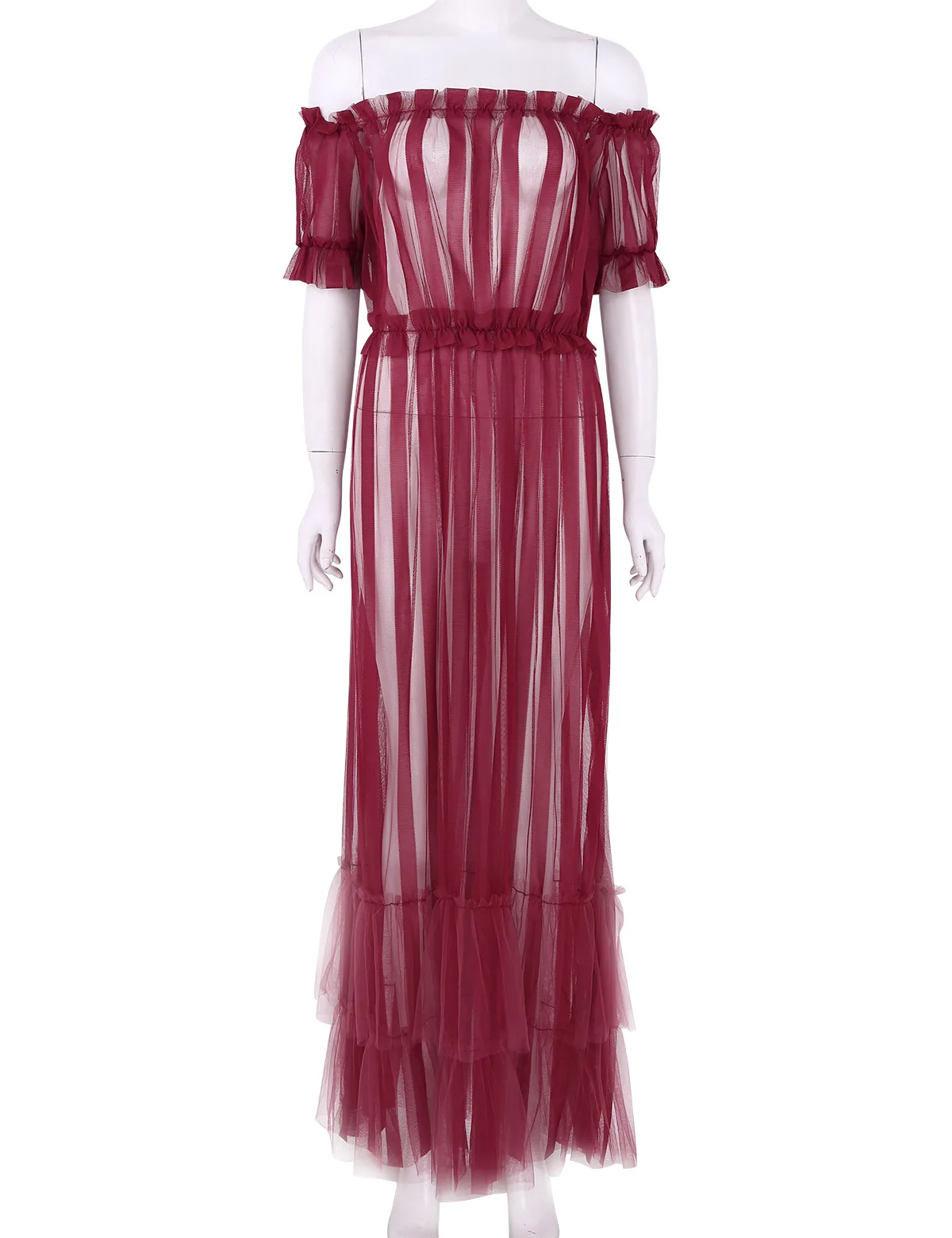 Женский топ с открытыми плечами, летнее платье с короткими рукавами, Полосатое расклешенное Сетчатое прозрачное длинное платье макси, пляжная одежда - Цвет: Red