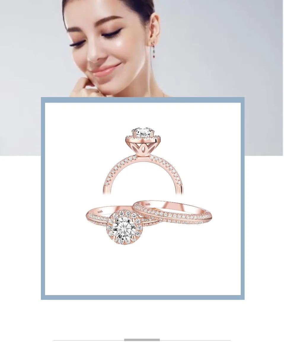 Newshe 2Pcs Rose Gold Color Wedding Rings For Women 925 Sterling Silver Round Cut AAA CZ Engagement Ring Set Fashion Jewelry