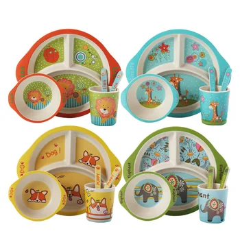 

3 Sets Baby Environmental Food Dinnerware Set Bamboo Fiber Children Three Lattice Tableware Set Of 5pcs 5 Designs Wholesale