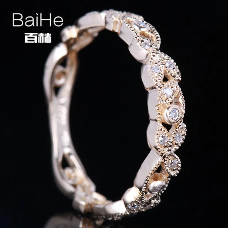 BAIHE Solid 14 К желтого золота(AU585) 0.15CT Certified H/SI круглый из натуральной со стразами Свадебные Для женщин Мода Fine Jewelry Кольцо