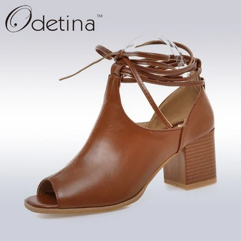 

Odetina 2019 New Fashion Women Open Toe Summer Boots Gladiator Sandals Cross Strap Chunky Heel Sandals Lace Up Big Size 33-43