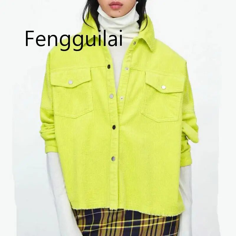 

2019 Spring Women Bright Green Color Corduroy Jacket Loose Single Breasted Coat Fashion Button Down Tassel Jacket