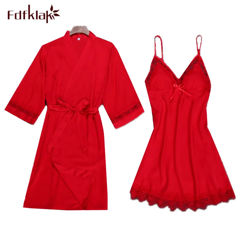 Fdfklak сексуальный комплект пижамы женские пижамы шелковый халат Кружева Халаты женский халат из двух частей халаты комплекты нижнего белья