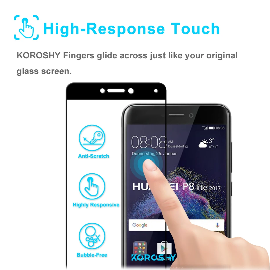 KOROSHY Full Cover Tempered Glass for Huawei P8 Lite 2017 P8Lite P 8 Lite 2017 Screen Protector 9H Scratch Proof Glass Film (6)