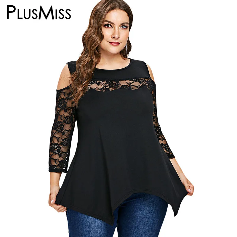 PlusMiss плюс Размеры Sexy цветочные кружева Блузка с длинными рукавами женские