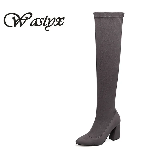 Wastyx Gray Womens Micro Suede Thigh High Boots Block Thick Heel Wastyx Gray Womens Micro Suede Thigh High Boots Block Thick Heel Stretch Over The Knee For Woman Plus Size Beige