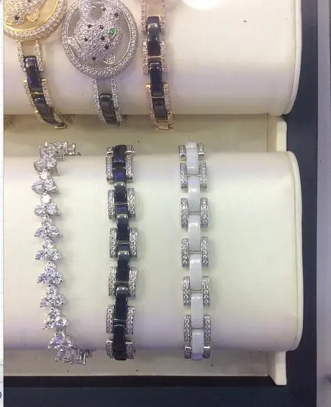 

Brand Pure 925 Sterling Silver Jewelry For Women black ceramic Bracelet while zircon chain link Bracelet luxury brand Bangle