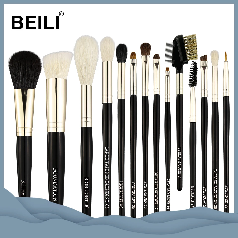 Цена BEILI 14 шт. натуральный козья пони ласка тени для век Смешивание волос Пудра хайлайтер Ежедневно Макияж расчёски волос комплект