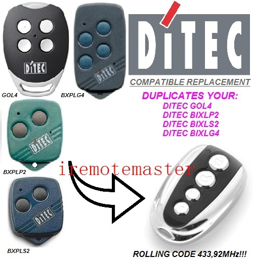 

For DITEC GOL4,BIXLP2,BIXLS2,BIXLG4 Rolling code 433,92mhz replacement remote control