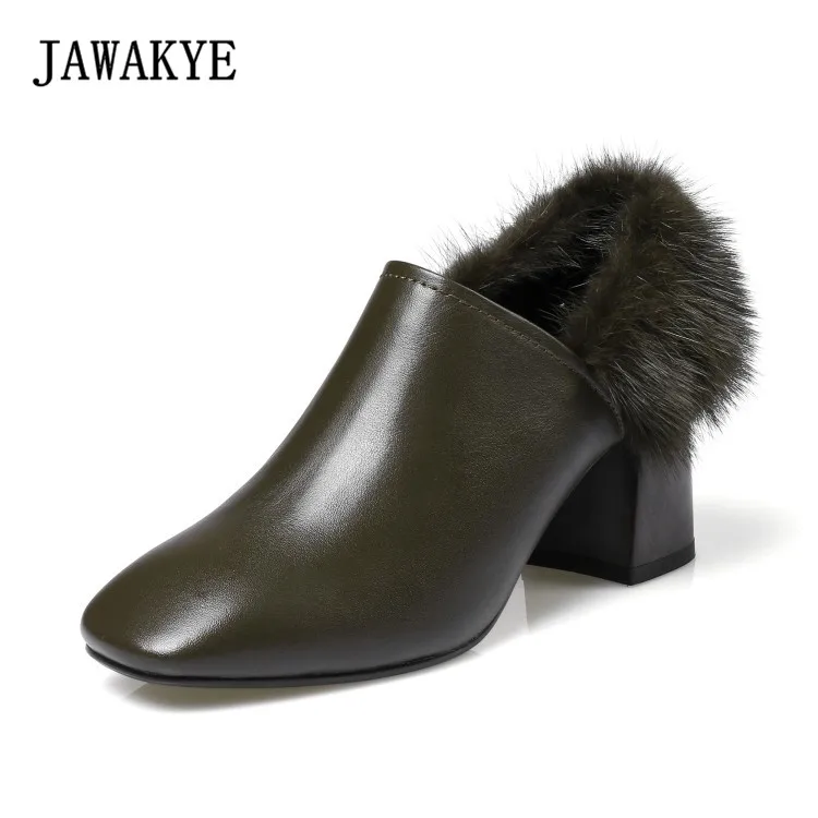 JAWAKYE New Sexy Square Toe Slip on Ankle Boots Women Back Fur Chunky High Heel Genuine Leather Shoes Ankle Boots Women jawakye round toe silver chains studded ankle boots women flat heel genuine leather winter shoes motocycle boots for women