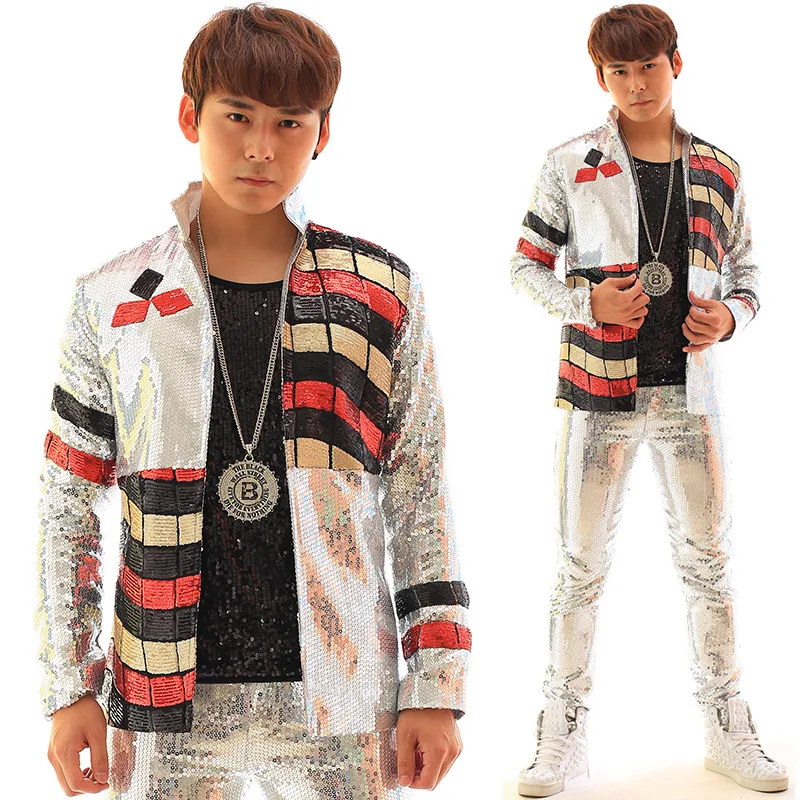 

Multicolor Graffiti Sequins Silver Men Jacket Bar Nightclub Male Singer Costume Slim Popular Individuality Stage Coat