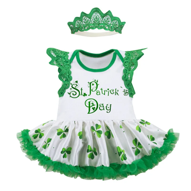

2018 dressClothing Sets 2 Pcs St Patricks Day Short Sleeve Romper Tutu Dress + Headband Festival Girls Sets Kids Clothes Suit P6