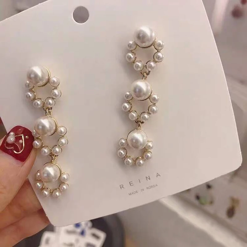 

MENGJIQIAO 2019 Korean New Baroque Style Temperament Round Simulated Pearls Dangle Earrings For Women Pendientes Mujer Moda