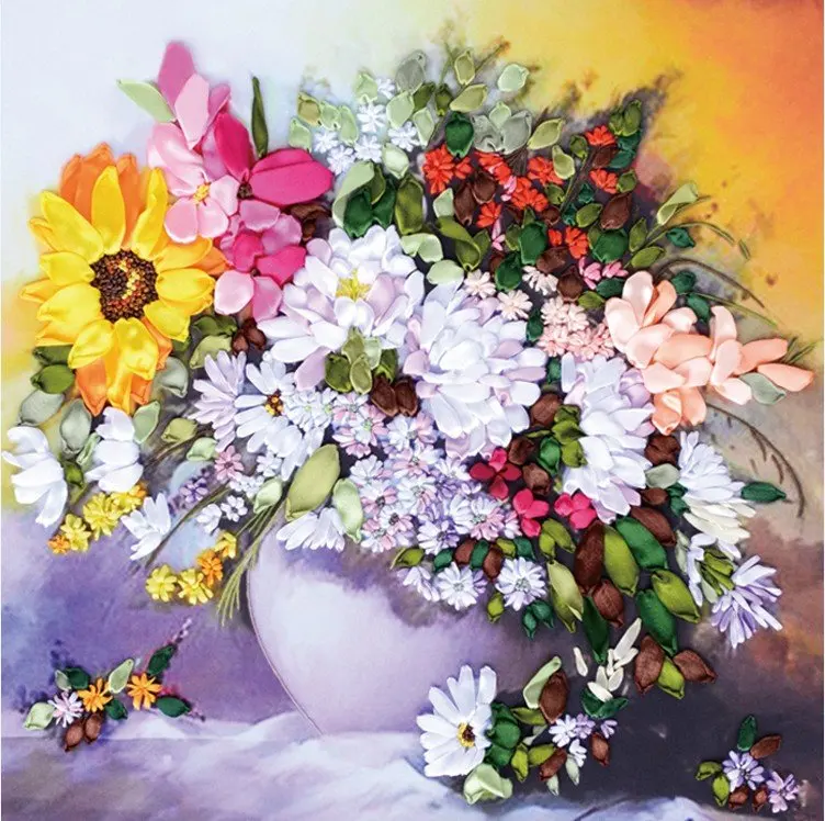 

New Arrival Unfinished Ribbons Embroidery Flower Paintings Sets Handmade Needlework Embroidery Kits ,spring blossoms