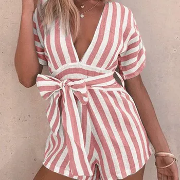 

Hot Sale Ladies Summer Jumpsuit Fashion Women Sexy Deep V-neck Clubwear Wide Leg Short Pants Party Loose Striped Jumpsuit Outfit