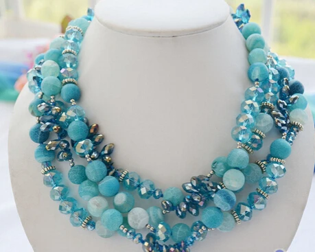 

FREE SHIPPING>>>@ new1779 4row blue dull polish agate faceted crystal bead necklace