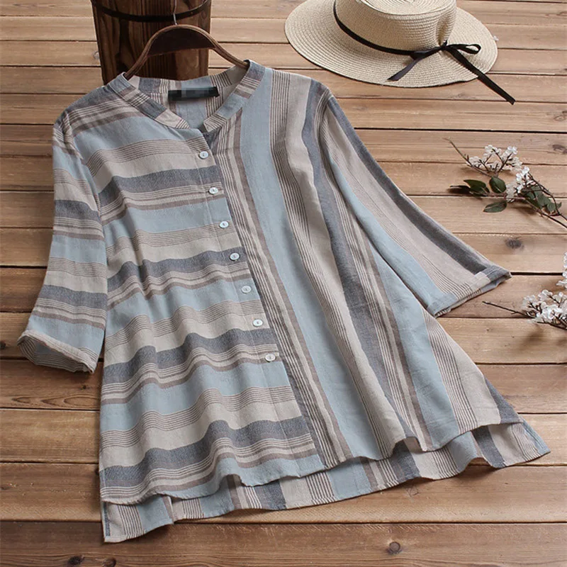 

Plus Size S-5XL Summer Cotton Linen Women Blouses Casual Half Sleeve Striped Print Women Tops Clothing Loose Blouse