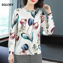 100% шелк блузка 2018 высокое качество Для женщин Элегантный Цветочный принт Повседневная рубашка с длинным рукавом Женская офисная блузка