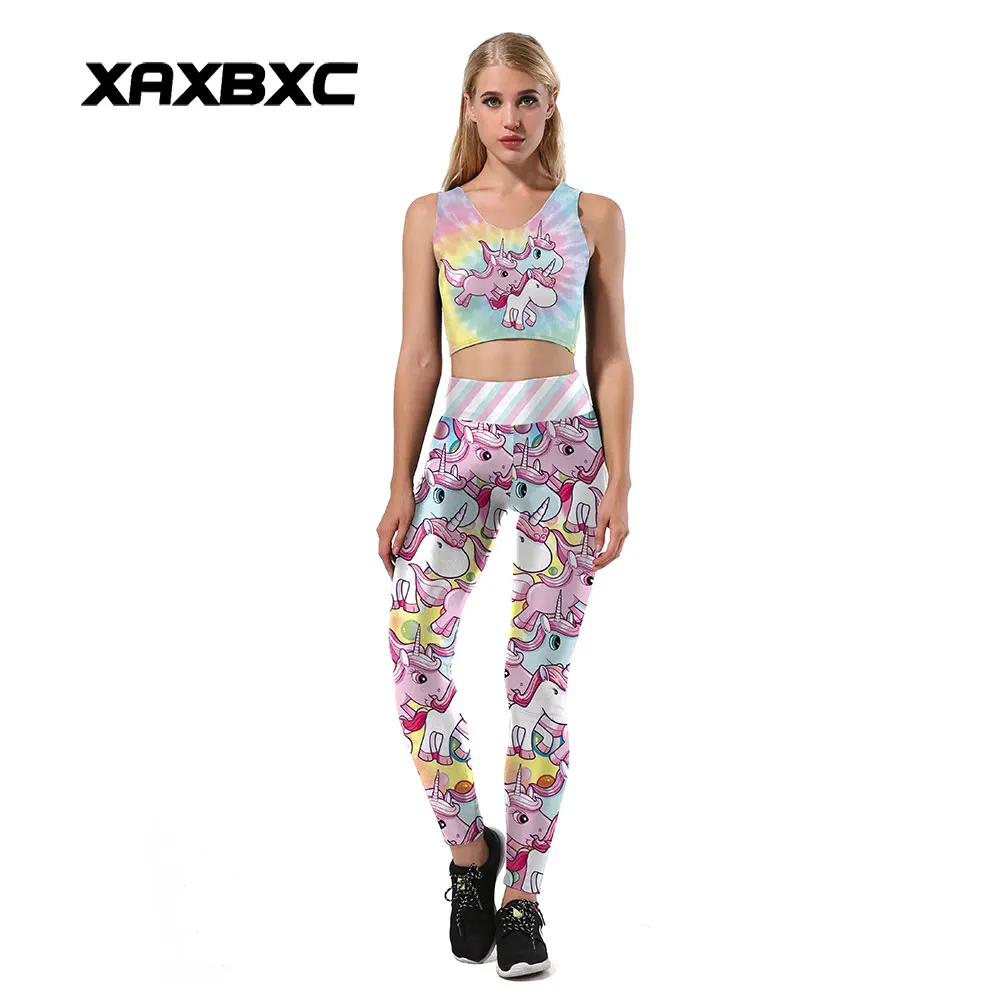 

XAXBXC 1140 NEW Sexy Girl Pencil Pants Candy Rainbow Unicorn Cartoon Prints Women Leggings Crop Top Vest bra Sets Fitness Suit