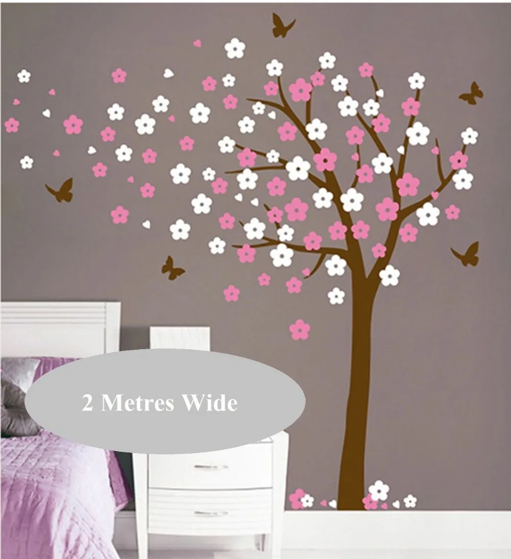 Cherry Blossom Flowers Tree and Butterflies Wall Decal for Nursery Kids Room Art