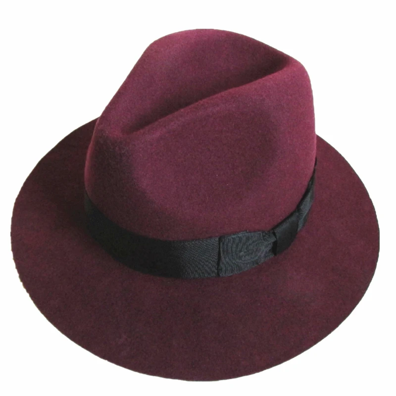 Fashion Burgundy Red Young Men or Women Wool Felt Fedora Hat 6.5cm Wide