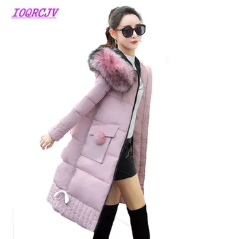 

2018 Long Winter Parkas Women Cotton Jacket Thick Warm Hooded Coats Female Fur Collar Outerwear Cotton-padded Jackets Pink B128