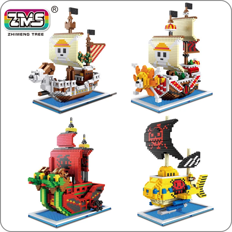 

ZMS One Piece Luffy Pirates Ship DIY Mini Building Diamond Nano Blocks Toy Thousand Sunny Going Merry Snake Law Submarine no Box