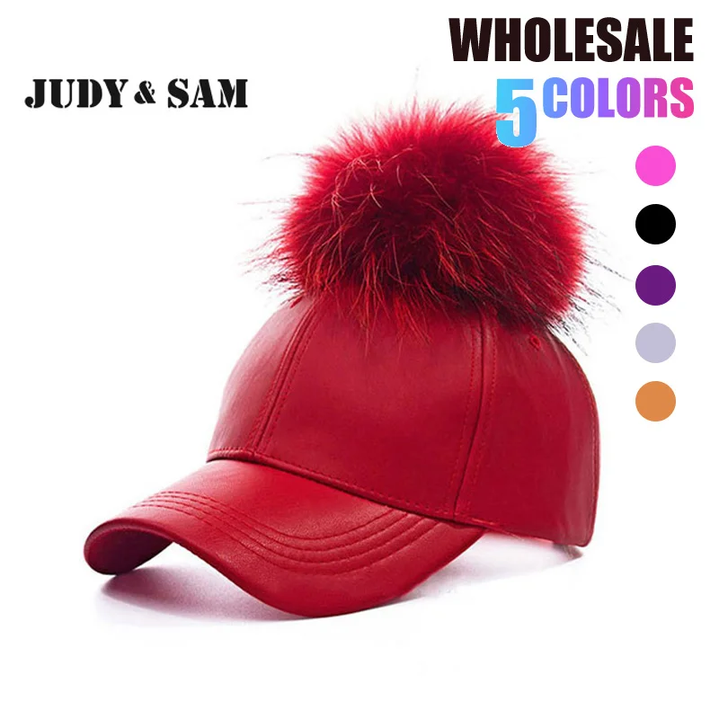 2017 New Real Fur Pom Pom Snapback for women Spring Candy Color PU