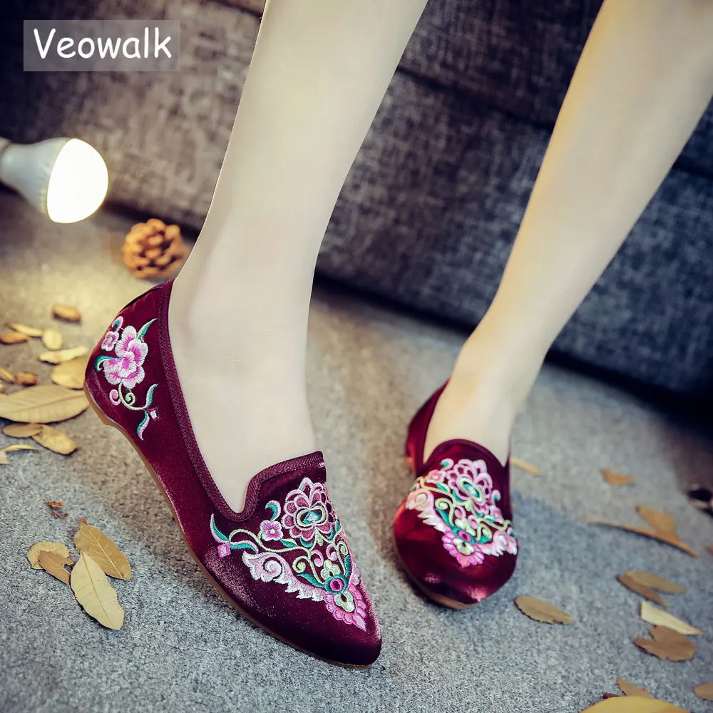 En Ligne Veowalk Main Wommen Printemps Belle Folk Broderie Ballerines Confort Doux Toile Chaussures Pour Femme Vieux Pékin Chaussures Plates